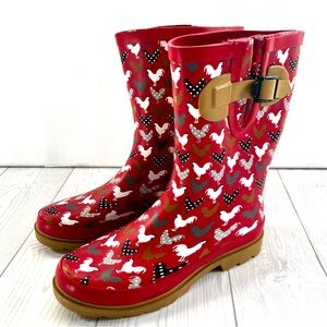 Western Chief • Women’s Red Chicken Dot Overall Print Mid Calf Rain Boots Size 7